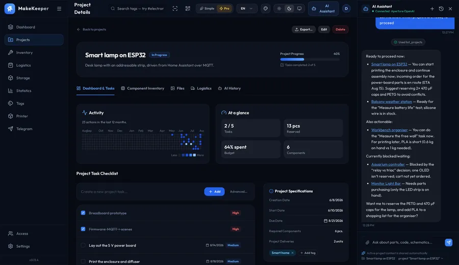 Screenshot: a project card with its checklist and parts list
