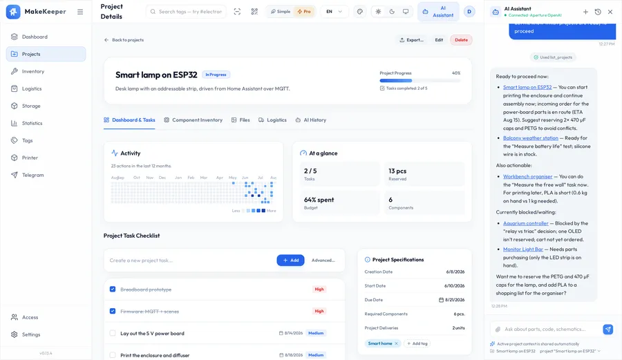 Screenshot: a project card with its checklist and parts list